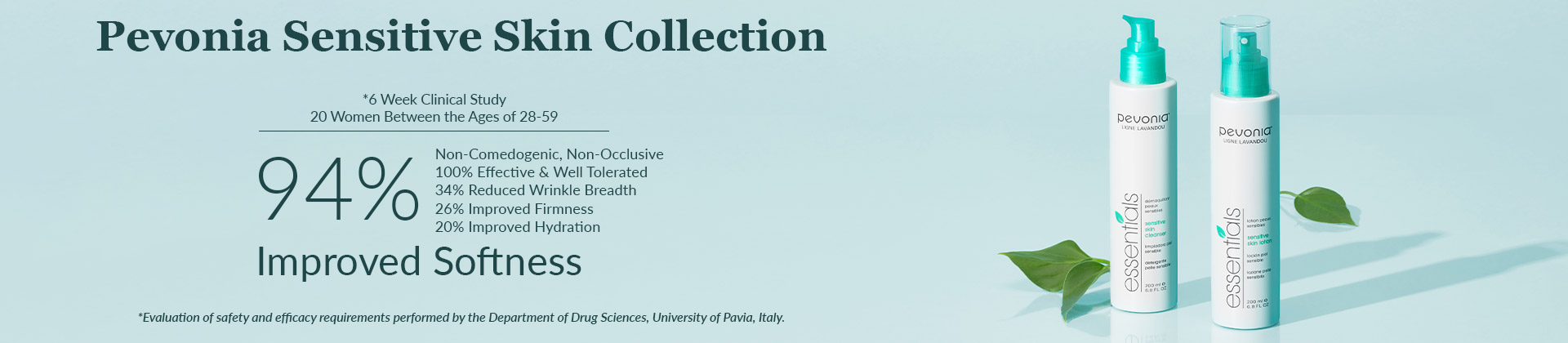 Banner detailing efficacy statistics for Pevonia's Sensitive Skin Line.