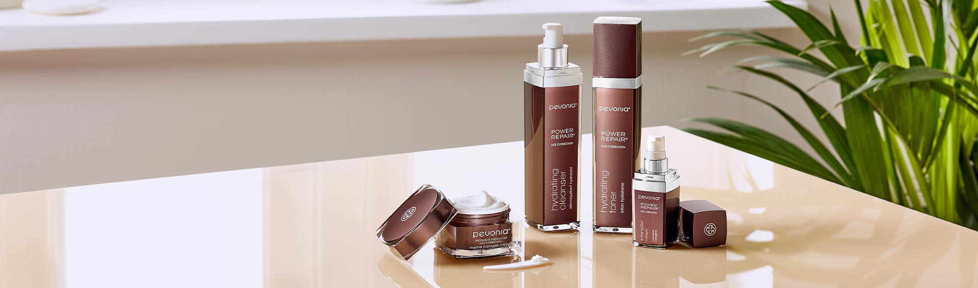 Pevonia's Power Repair Line sitting on a countertop.